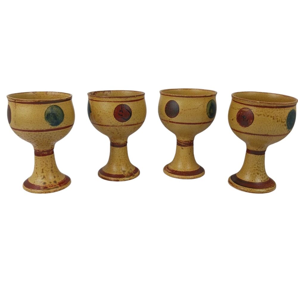 Vtg Wine Water Goblets Stoneware Art Pottery 1960's Set Of 4 Amazing Design